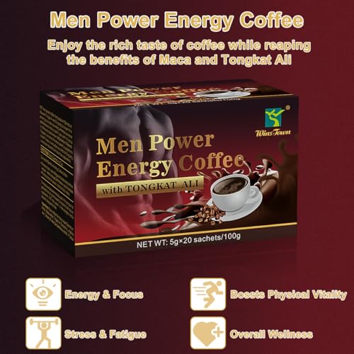 Café Instantáneo Negro Energético Herbal para Hombres con Maca, Tongkat Ali, Epimedium y Ginseng – Aumenta Enfoque, Energía y Resistencia – 20 Sobres - imagen 3