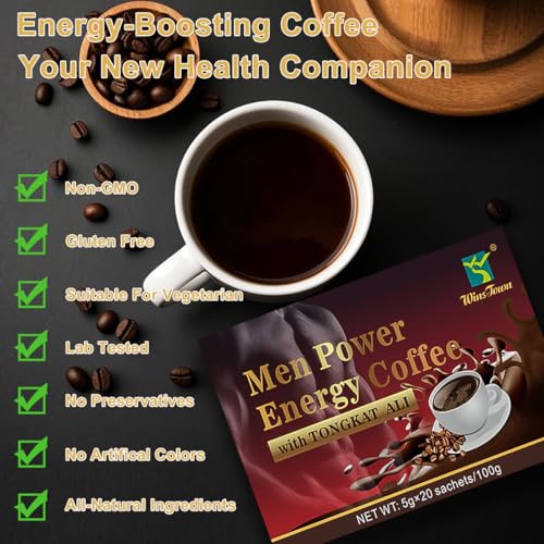 Café Instantáneo Negro Energético Herbal para Hombres con Maca, Tongkat Ali, Epimedium y Ginseng – Aumenta Enfoque, Energía y Resistencia – 20 Sobres - imagen 4