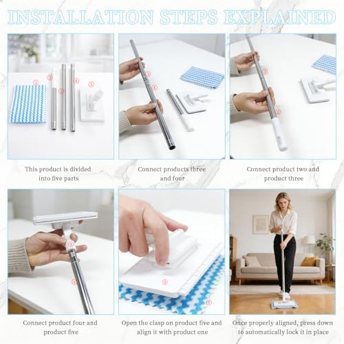 Mopa Mini Snap Grip, Mopa Desechable Zero Touch, Trapeador Retráctil con Cabezal Bloqueable y 5 Paños Reutilizables para Limpieza de Grietas - imagen 3