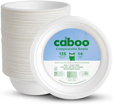 Tazones de papel desechables Caboo de bambú, paquete de 125, 14 oz, resistentes y biodegradables, aptos para microondas, alternativa ecológica a los - imagen 1