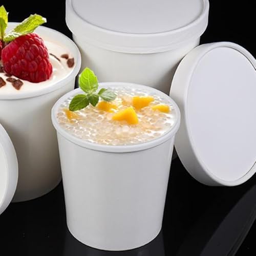 LyyGuanYoo 60 Piezas de Contenedores de Papel para Helado con Tapa, Tazón Desechable de 16 Oz para Postres y Sopas, Apto para Microondas, Color Blanco - imagen 6