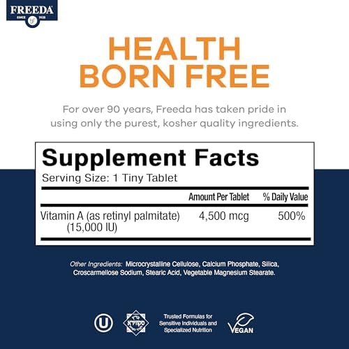 Freeda Vitamina A 15,000 UI – Palmitato de Retinilo – Vegano, Kosher, Sin Pescado – Apoyo a Ojos, Visión, Inmunidad y Piel – Tabletas Pequeñas y - imagen 3