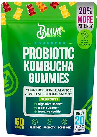 Gomitas Probióticas BLIVA Kombucha - Prebióticos, Probióticos, Postbióticos, Corteza de Olmo Resbaladizo y Fibra - Suplemento de Gomitas para Hombres - imagen 1