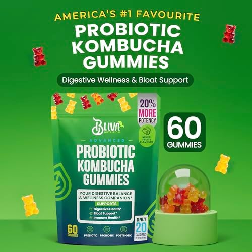 Gomitas Probióticas BLIVA Kombucha - Prebióticos, Probióticos, Postbióticos, Corteza de Olmo Resbaladizo y Fibra - Suplemento de Gomitas para Hombres - imagen 2