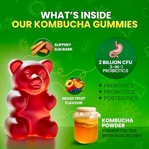 Gomitas Probióticas BLIVA Kombucha - Prebióticos, Probióticos, Postbióticos, Corteza de Olmo Resbaladizo y Fibra - Suplemento de Gomitas para Hombres - imagen 3