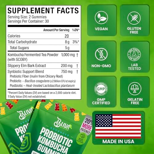 Gomitas Probióticas BLIVA Kombucha - Prebióticos, Probióticos, Postbióticos, Corteza de Olmo Resbaladizo y Fibra - Suplemento de Gomitas para Hombres - imagen 6