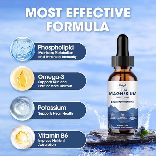 Gotas Líquidas de Glicinato de Magnesio con Taurato y Citrato, Suplemento para Sueño y Relajación, con Potasio y Omega-3, Sabor Arándano, 2 Fl Oz - imagen 3