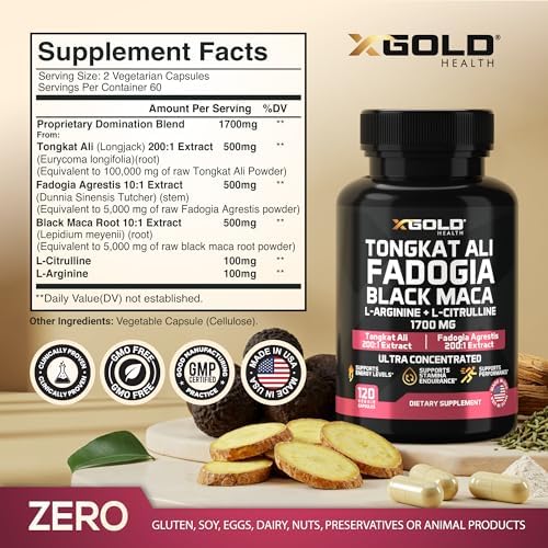 Complejo de Tongkat Ali + Fadogia Agrestis 1700mg con Maca Negra, L-Arginina y L-Citrulina, Aumentador de Óxido Nítrico, Energía y Rendimiento, 120 - imagen 2