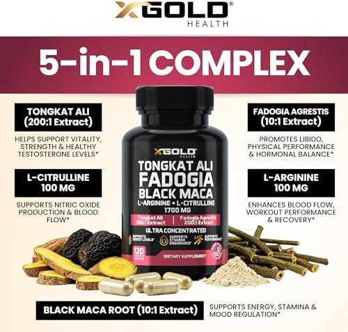 Complejo de Tongkat Ali + Fadogia Agrestis 1700mg con Maca Negra, L-Arginina y L-Citrulina, Aumentador de Óxido Nítrico, Energía y Rendimiento, 120 - imagen 3