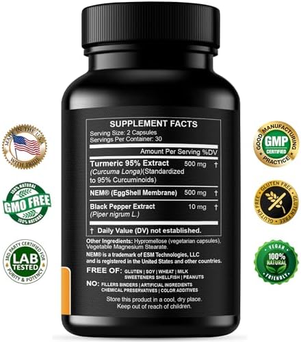 Cápsulas de Extracto de Cúrcuma Curcumina 95% y Colágeno - NEM Promueve la Comodidad y Flexibilidad de Rodillas - Membrana de Huevo con Glucosamina, - imagen 2