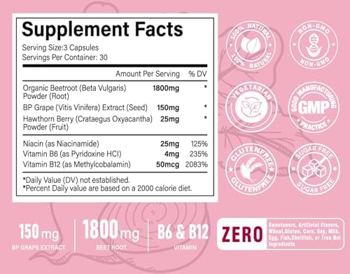 Cápsulas de Remolacha, Extracto 20:1 de 1800mg con Semilla de Uva y Espino, Suplemento Aumentador de Óxido Nítrico para Circulación, Presión Arterial - imagen 3