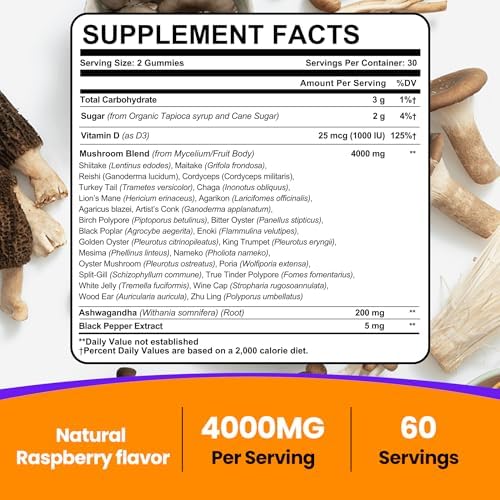 Gomitas de Hongo para Adultos 4000mg, Suplemento para Memoria y Concentración, Complejo de 26 Hongos con Ashwagandha y Melena de León, 120 piezas - imagen 2