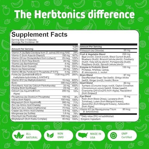 Multivitamínico Herbtonics para Hombres y Mujeres – Vegano con Frutas, Verduras, Probióticos, CoQ10, Cúrcuma y Más – 120 Cápsulas - imagen 5