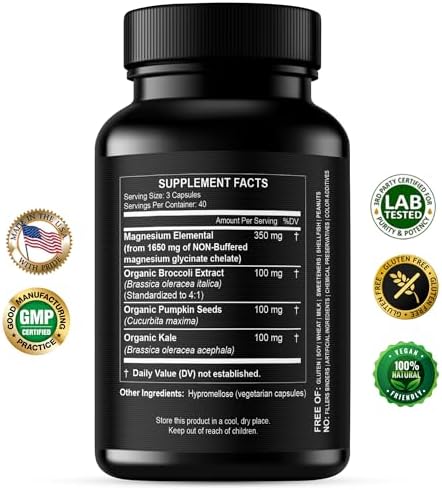 Cápsulas de Glicinato de Magnesio Puro - Suplemento de Magnesio Elemental 350mg - Alta Absorción y Pureza - Hecho en EE. UU. - imagen 2