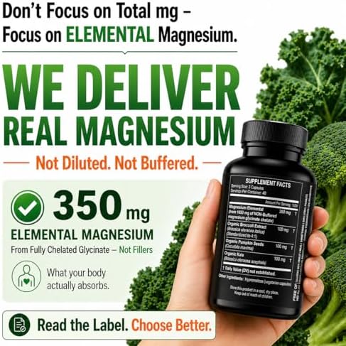 Cápsulas de Glicinato de Magnesio Puro - Suplemento de Magnesio Elemental 350mg - Alta Absorción y Pureza - Hecho en EE. UU. - imagen 3