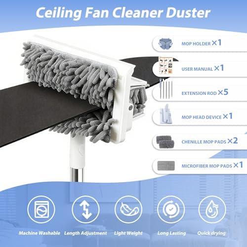 Limpiador de Ventilador de Techo con Mango Extensible de 80'' - Almohadillas de Microfibra Chenille para Aspas, Zócalos, Paredes, Pisos, Persianas y - imagen 7
