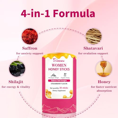 Palitos de Miel Shilajit para Mujeres con Shatavari y Azafrán | 75%+ Ácido Fúlvico y 85+ Minerales Traza para Equilibrio Hormonal, Energía, Enfoque y - imagen 3