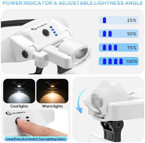 Lupa GUOUBUO con Luz, Lentes Desmontables 1X-4X, Headset Recargable con Banda Magnética, 3 Modos de Luz para Manualidades y Costura - imagen 3
