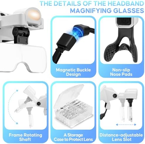 Lupa GUOUBUO con Luz, Lentes Desmontables 1X-4X, Headset Recargable con Banda Magnética, 3 Modos de Luz para Manualidades y Costura - imagen 6