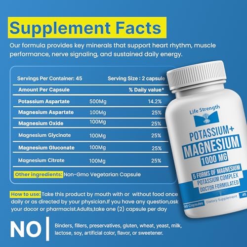 Suplemento de Potasio y Magnesio Life Strength 1000mg - 90 Cápsulas - Complejo de Potasio y Magnesio con Aspartato, Glicinato, Óxido, Gluconato y - imagen 5