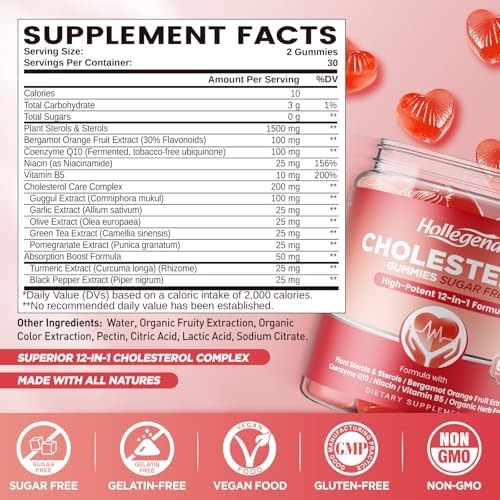 Suplementos de Colesterol HOLLEGEND Gomas Sin Azúcar, Esteroles y Estanol Vegetales, Bergamota Cítrica, CoQ10 y Vitaminas, Orgánico, Vegano, Sabor a - imagen 2