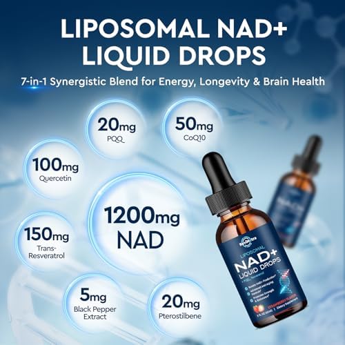 Suplemento Liposomal de NAD ReviNutra - Gotas Líquidas de 1200mg NAD+ para Hombres y Mujeres, Nicotinamida con Resveratrol, PQQ, CoQ10, Quercetina - imagen 2