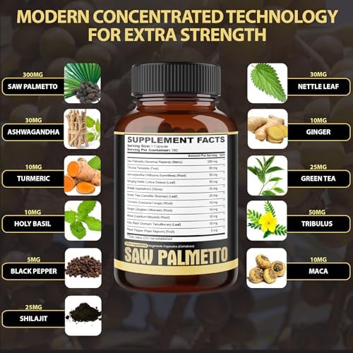 Cápsulas 11 en 1 de Saw Palmetto con Ashwagandha, Cúrcuma, Tribulus, Maca, Té Verde, Jengibre, Albahaca Sagrada y Más - Soporte Saludable para - imagen 2