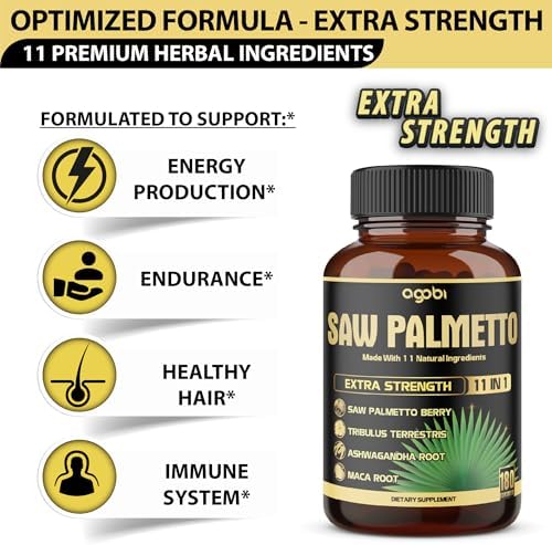 Cápsulas 11 en 1 de Saw Palmetto con Ashwagandha, Cúrcuma, Tribulus, Maca, Té Verde, Jengibre, Albahaca Sagrada y Más - Soporte Saludable para - imagen 3