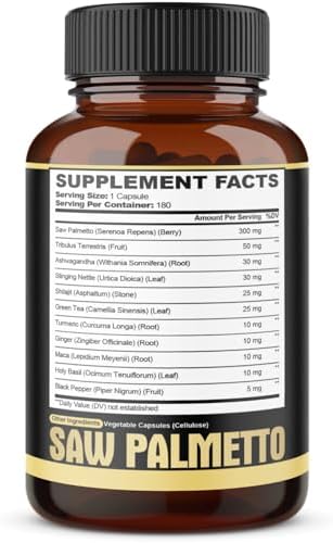 Cápsulas 11 en 1 de Saw Palmetto con Ashwagandha, Cúrcuma, Tribulus, Maca, Té Verde, Jengibre, Albahaca Sagrada y Más - Soporte Saludable para - imagen 7