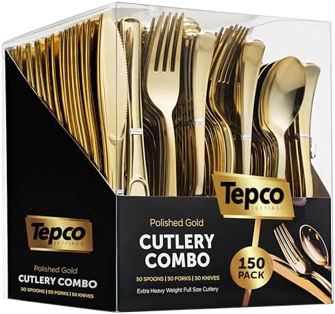 Set de Cubiertos Desechables de Plástico Dorado - 150 Piezas: 50 Cucharas, 50 Tenedores, 50 Cuchillos - Cubiertos Resistentes para Fiestas al por - imagen 1