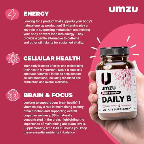 UMZU Daily B, Suplemento Completo de Complejo de Vitaminas B de 30 Días – B1, B2, B3, B5, B6, B7, B9, B12, Ácido Fólico y Biotina – Apoya Energía, - imagen 2