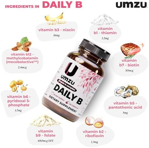 UMZU Daily B, Suplemento Completo de Complejo de Vitaminas B de 30 Días – B1, B2, B3, B5, B6, B7, B9, B12, Ácido Fólico y Biotina – Apoya Energía, - imagen 3