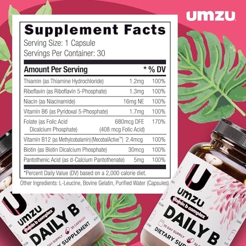 UMZU Daily B, Suplemento Completo de Complejo de Vitaminas B de 30 Días – B1, B2, B3, B5, B6, B7, B9, B12, Ácido Fólico y Biotina – Apoya Energía, - imagen 4