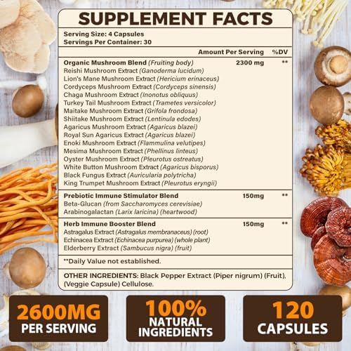 Suplementos para la Memoria y Concentración, Complejo de Hongos 20 en 1 con Melena de León, Reishi, Cola de Pavo, Cordyceps y Shiitake, 120 Cápsulas - imagen 2