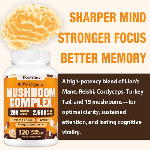 Suplementos para la Memoria y Concentración, Complejo de Hongos 20 en 1 con Melena de León, Reishi, Cola de Pavo, Cordyceps y Shiitake, 120 Cápsulas - imagen 4