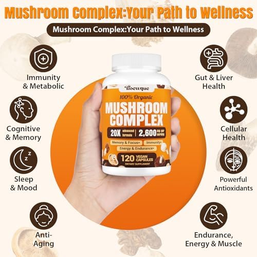 Suplementos para la Memoria y Concentración, Complejo de Hongos 20 en 1 con Melena de León, Reishi, Cola de Pavo, Cordyceps y Shiitake, 120 Cápsulas - imagen 5