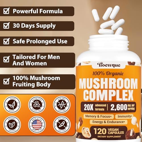 Suplementos para la Memoria y Concentración, Complejo de Hongos 20 en 1 con Melena de León, Reishi, Cola de Pavo, Cordyceps y Shiitake, 120 Cápsulas - imagen 8
