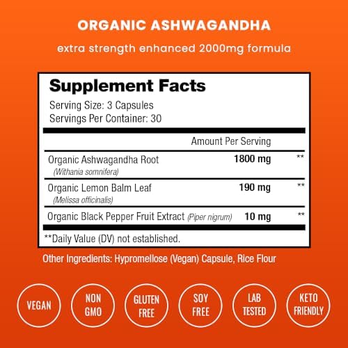 Cápsulas Orgánicas de Ashwagandha NutraChamps, 2000mg para Fatiga Adrenal, Tiroides y Ánimo, Suplementos con Polvo de Raíz de Ashwagandha y Melisa, - imagen 2