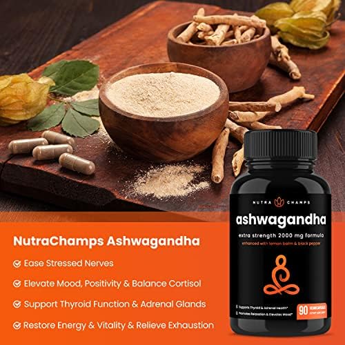 Cápsulas Orgánicas de Ashwagandha NutraChamps, 2000mg para Fatiga Adrenal, Tiroides y Ánimo, Suplementos con Polvo de Raíz de Ashwagandha y Melisa, - imagen 4