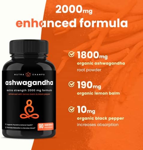 Cápsulas Orgánicas de Ashwagandha NutraChamps, 2000mg para Fatiga Adrenal, Tiroides y Ánimo, Suplementos con Polvo de Raíz de Ashwagandha y Melisa, - imagen 5