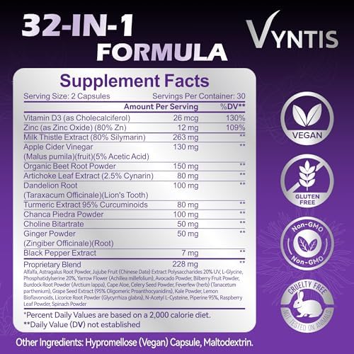 VYNTIS Suplemento Detox y Reparador de Hígado 32 en 1 - Apoyo Hepático con Cardo Mariano, Extracto de Alcachofa, Raíz de Diente de León y Polvo de - imagen 2