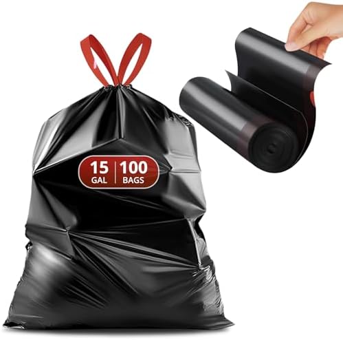 Bolsas de Basura con Cuerda Pre-separadas glasho para Botes de 15 Galones, 100 Piezas, Resistentes, Negras, para Cocina y Jardín - imagen 1