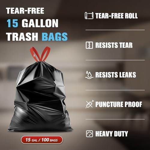 Bolsas de Basura con Cuerda Pre-separadas glasho para Botes de 15 Galones, 100 Piezas, Resistentes, Negras, para Cocina y Jardín - imagen 2