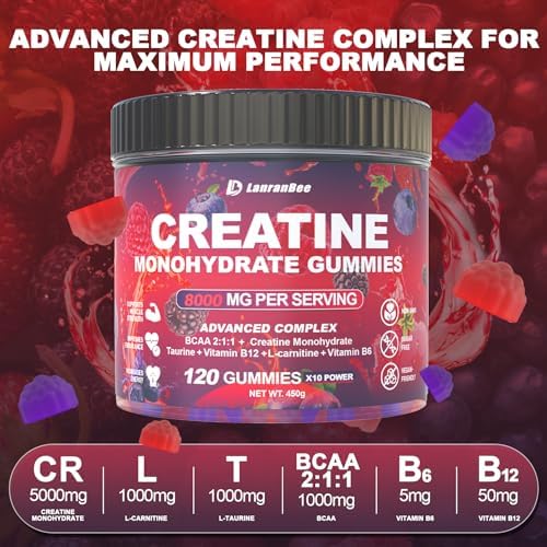 Gomitas de Creatina Monohidratada para Hombres y Mujeres con L-Carnitina y Taurina, Suplemento Pre-Entrenamiento Sin Azúcar para Fuerza Muscular y - imagen 6
