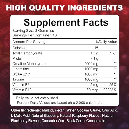 Gomitas de Creatina Monohidratada para Hombres y Mujeres con L-Carnitina y Taurina, Suplemento Pre-Entrenamiento Sin Azúcar para Fuerza Muscular y - imagen 8