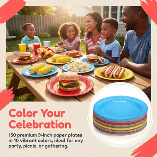 Platos de Papel Desechables Nicunom 150 Pzs, 9 Platos de Postre Coloridos para Fiestas, Cumpleaños, Picnics y Baby Showers, 10 Colores - imagen 5