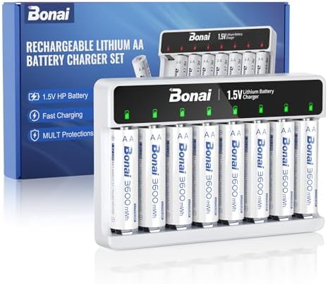 Baterías Recargables BONAI AA1000 de Litio con Cargador, 1.5V 3600 mWh, Paquete de 8 Baterías AA, Carga Rápida AA AAA, Incluye Cable - imagen 1
