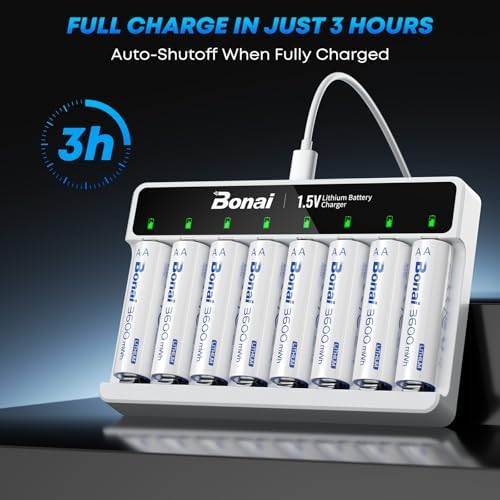 Baterías Recargables BONAI AA1000 de Litio con Cargador, 1.5V 3600 mWh, Paquete de 8 Baterías AA, Carga Rápida AA AAA, Incluye Cable - imagen 3