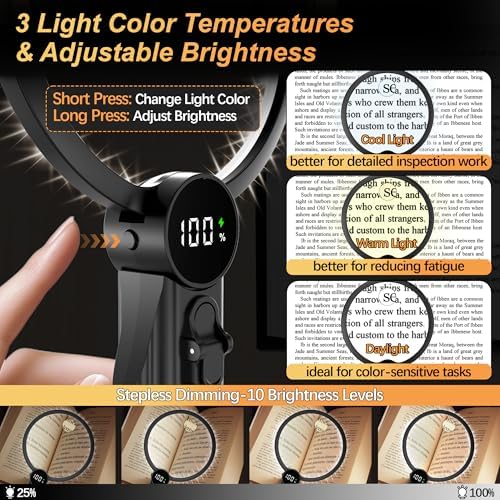 Lupa de Mano con Luz, Lupa de Cuello con Batería de 2500mAh y Pantalla LED, 5X 15X para Manualidades, Bordado, Lectura y Personas con Baja Visión - imagen 2