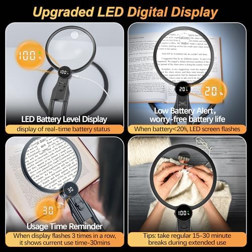 Lupa de Mano con Luz, Lupa de Cuello con Batería de 2500mAh y Pantalla LED, 5X 15X para Manualidades, Bordado, Lectura y Personas con Baja Visión - imagen 5